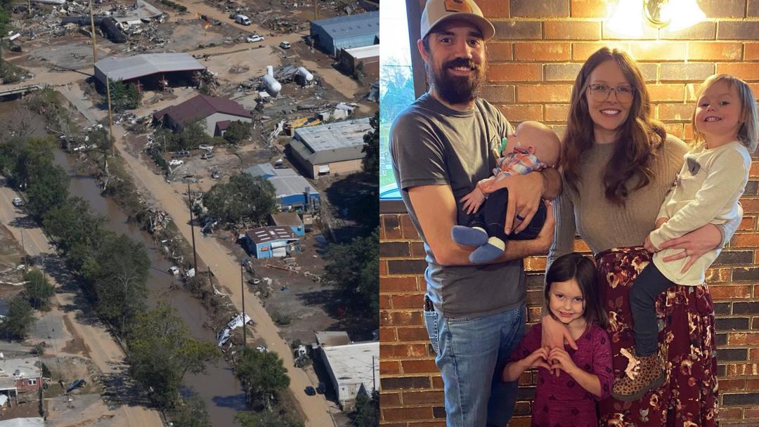 On left an aerial shot of Hurricane Helene damage, on right a pic of the Hendrick family